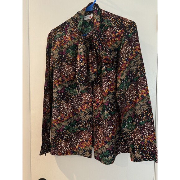 LADY ARROW Vintage 70s Polyester Floral Button Up Tie Bow Front Blouse Medium - Picture 2 of 6